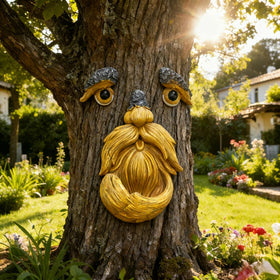 FHNQRQN tree faces outdoor art enriches garden ambiance year-round.