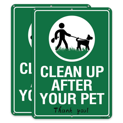 FHEGI clean-up after your dog sign in yard showing durable outdoor aluminum for long-term visibility.