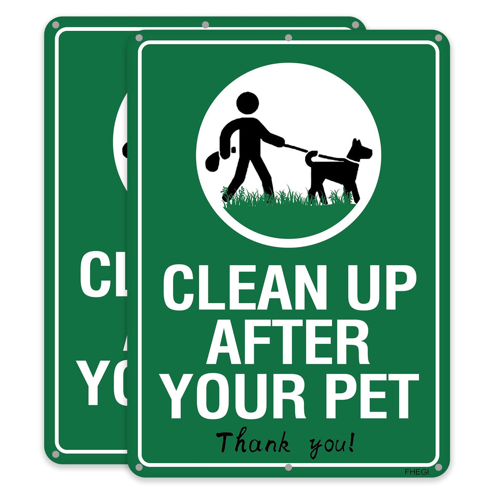 FHEGI clean-up after your dog sign in yard showing durable outdoor aluminum for long-term visibility.