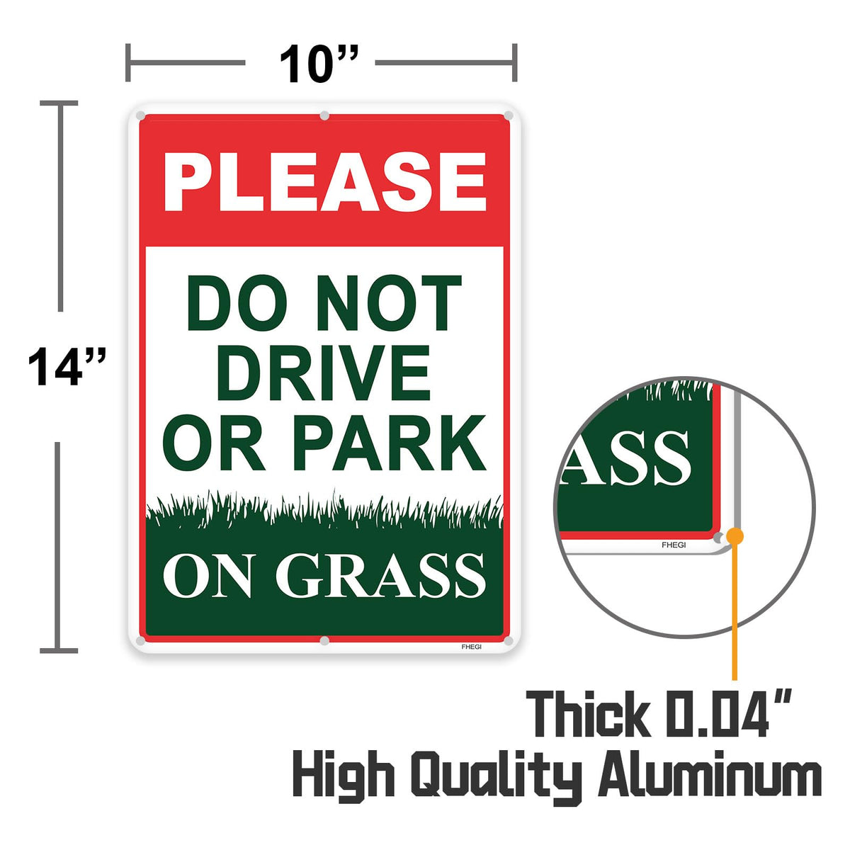 FHEGI No Parking on Grass sign in red, ideal for yard boundaries.