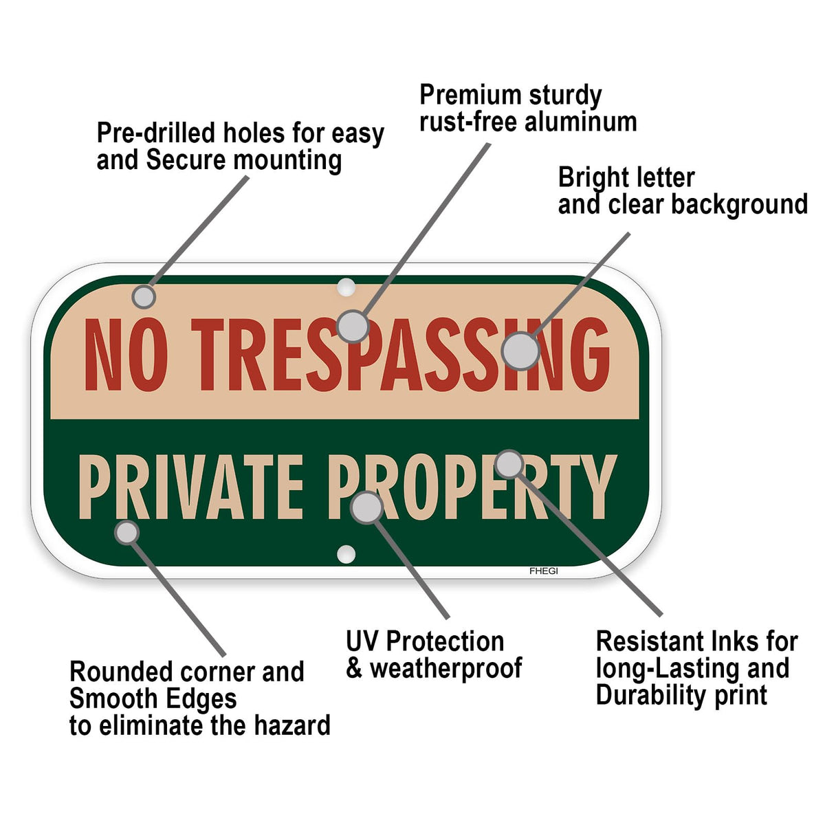 FHEGI No Trespassing sign with laminated protection resists weather and graffiti.