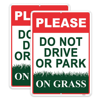FHEGI Please Do Not Drive or Park on Grass sign, high-visibility red for lawns.