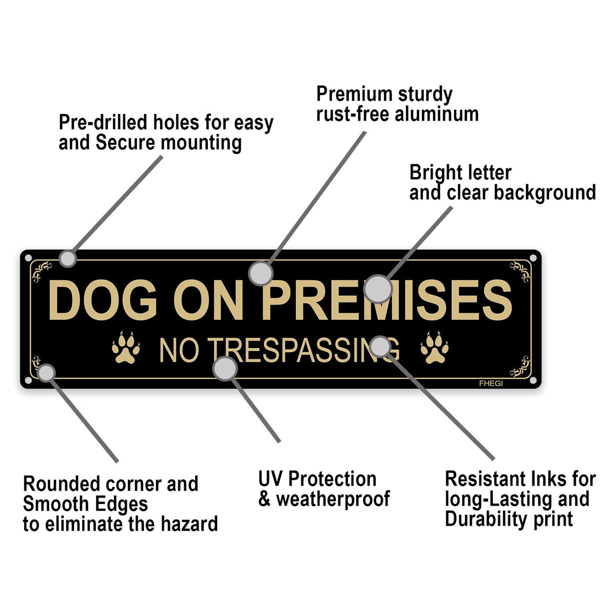 FHEGI Weatherproof laminated sign withstands rain and sun for outdoor use.