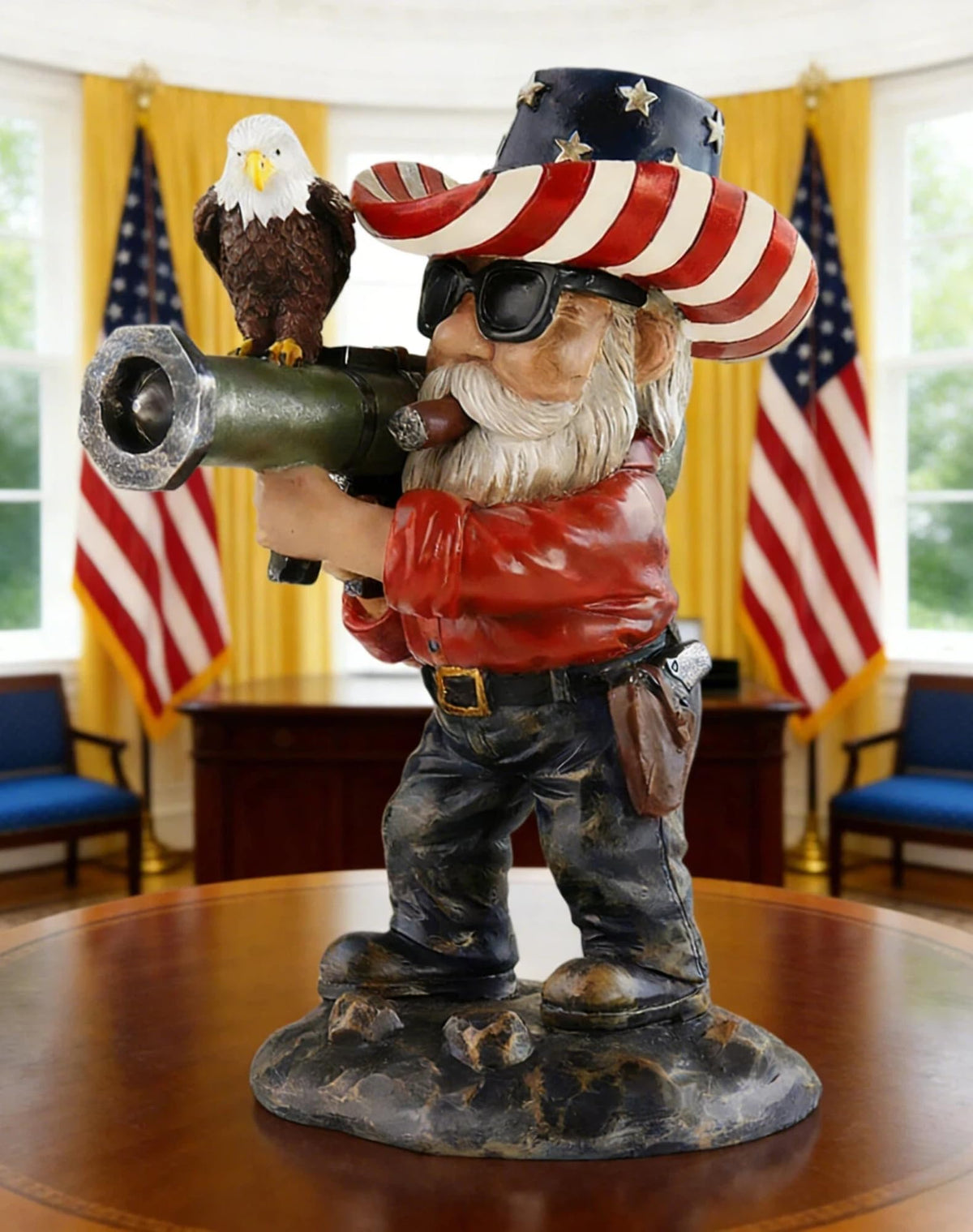 FHNQRQN patriotic gnome on porch with flag, ideal outdoor decor and conversation starter.