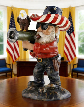 FHNQRQN patriotic gnome on porch with flag, ideal outdoor decor and conversation starter.