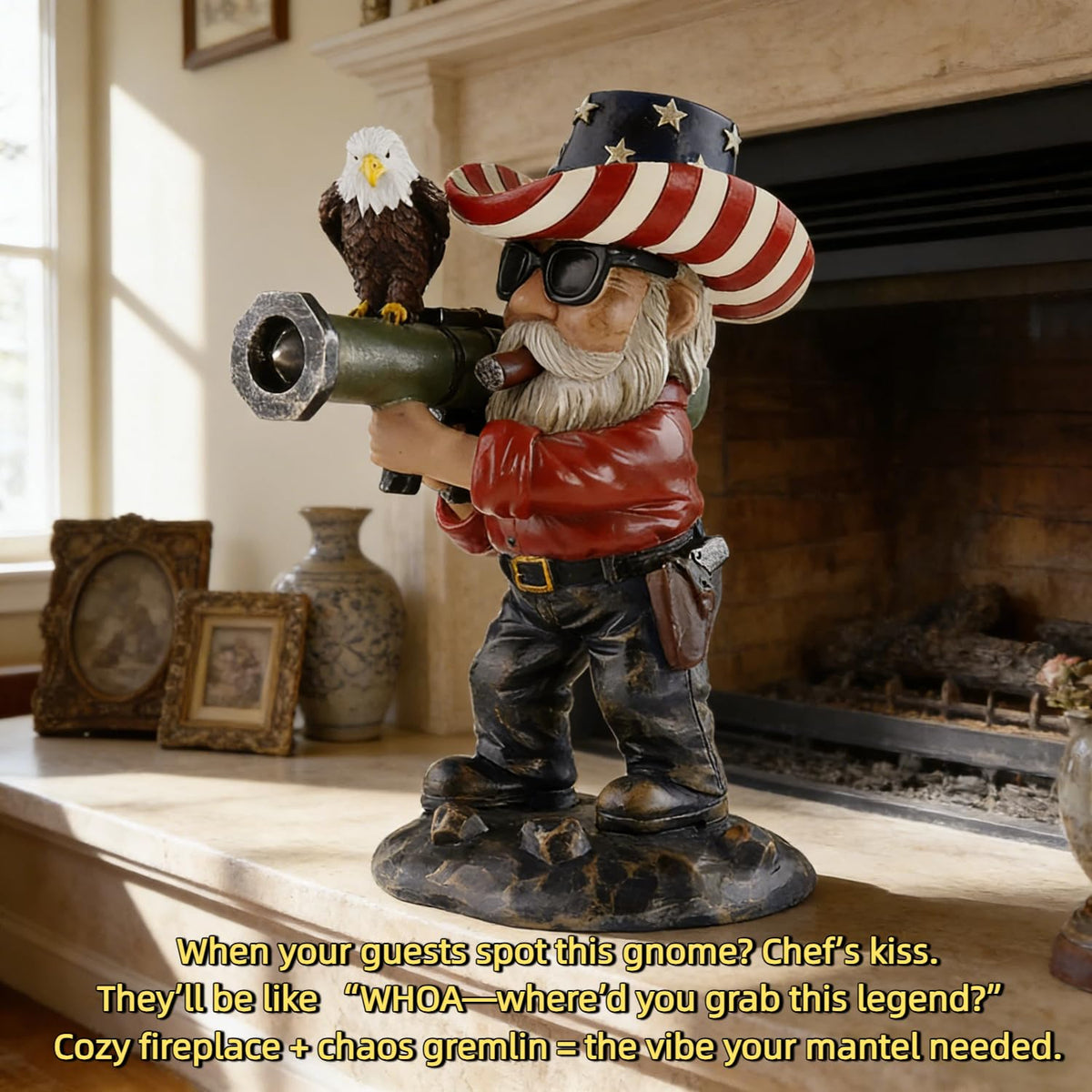 FHNQRQN USA flag gnome in garden bed stands out against greenery.