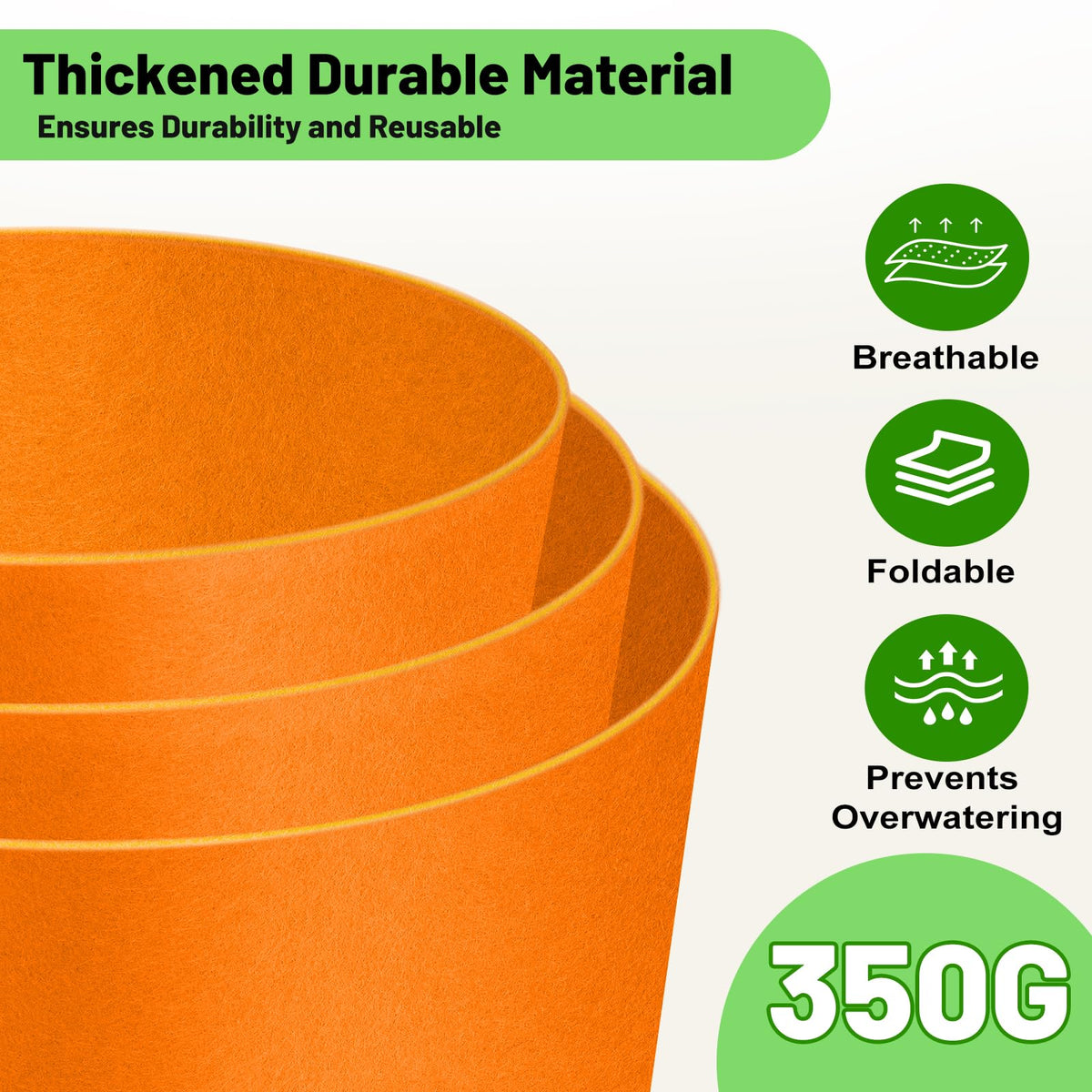 Fhyisble heavy-duty 350G nonwoven fabric grow bag resisting tearing for long-lasting reuse.
