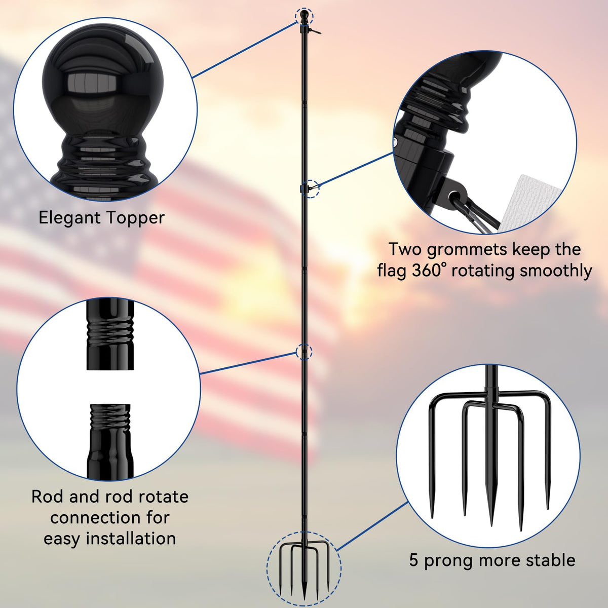 FIASON stainless steel flag pole close-up highlights corrosion-resistant metal.