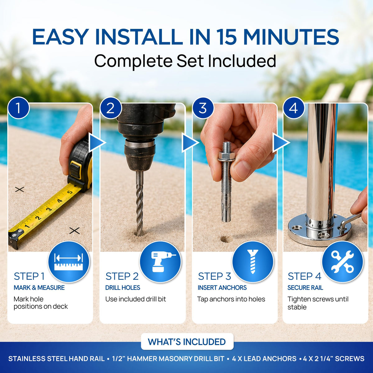 FibroPool hand rail, 48 inches long and 36 inches high for versatile setups.