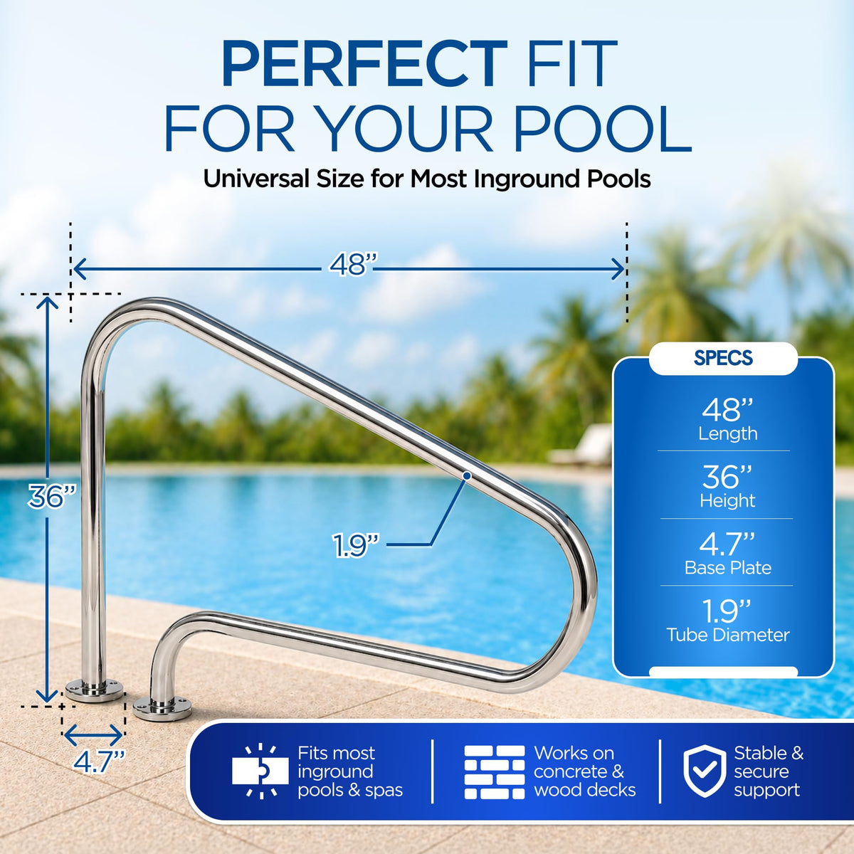 FibroPool handrail mounted on concrete demonstrates stable pool entry support.