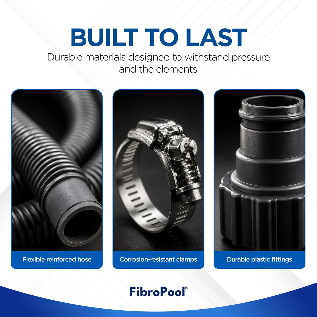 FibroPool components connect pumps, filters, and heaters with universal compatibility.