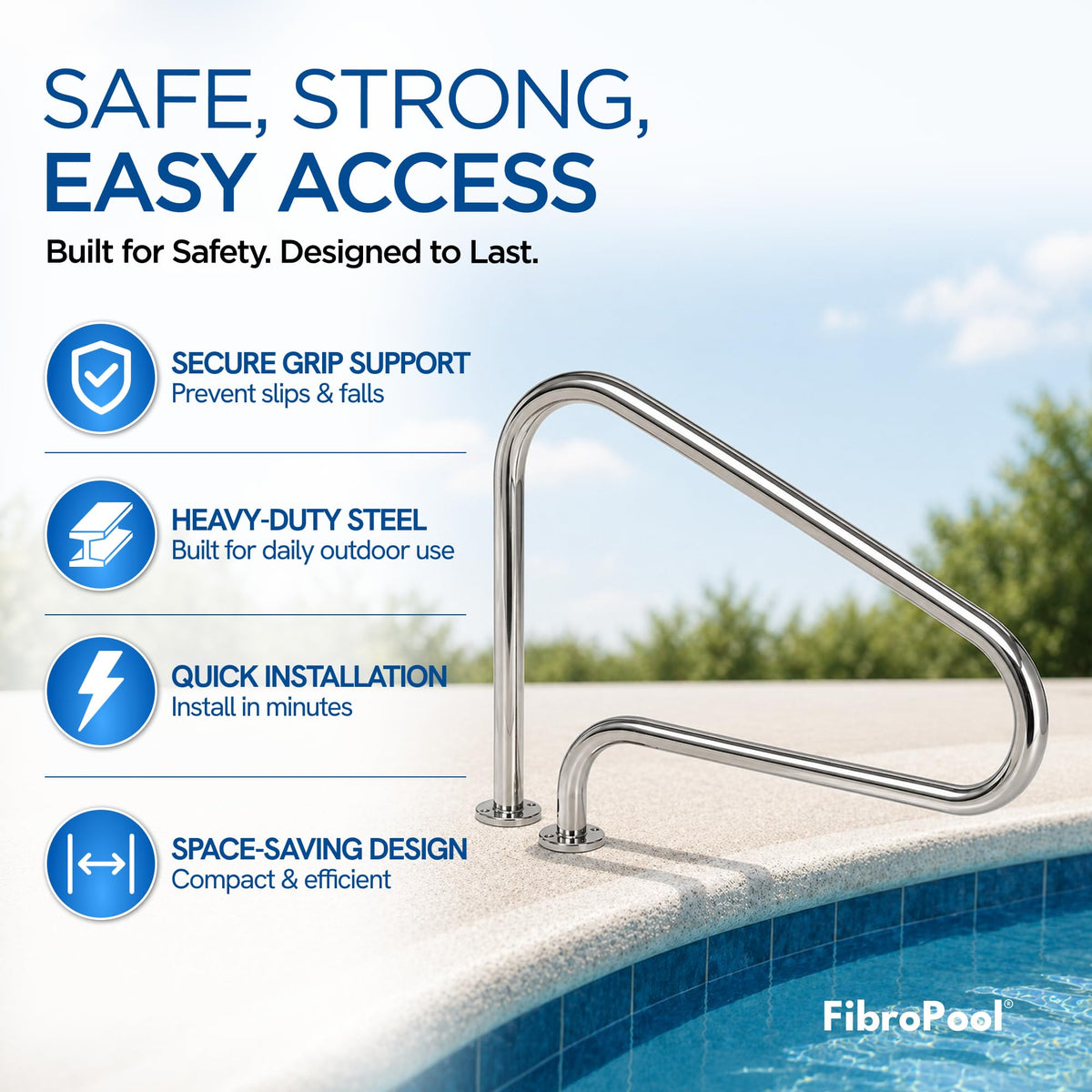 FibroPool stainless steel handrail close-up highlighting durable, rust-resistant finish.
