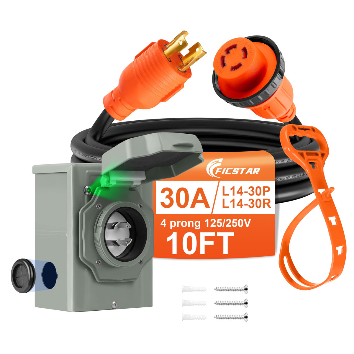 Ficstar 10 ft 30A generator cord with L14-30P to L14-30R for outdoor power