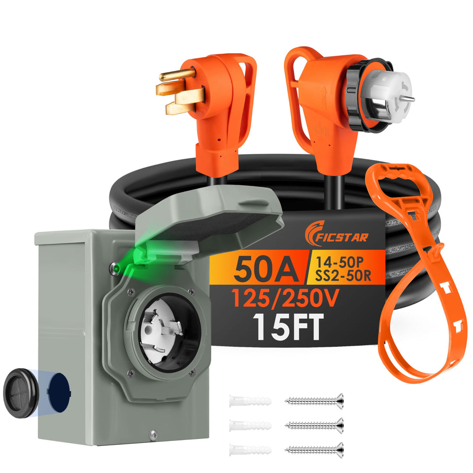 Ficstar 15ft 50A generator cord with NEMA 14-50P and SS2-50R for outdoor use.