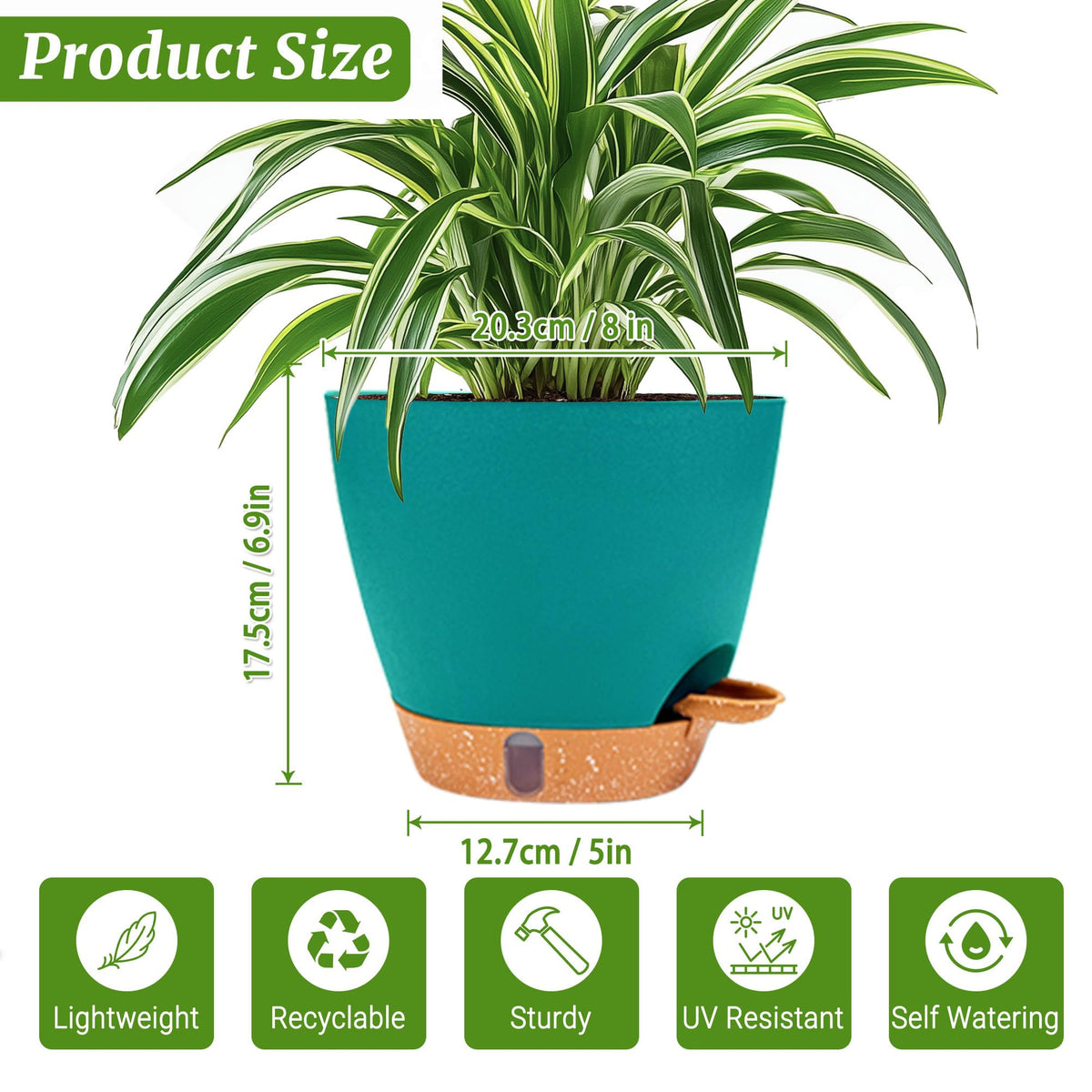 Fielda durable plastic 8-inch pot for indoor and outdoor use.