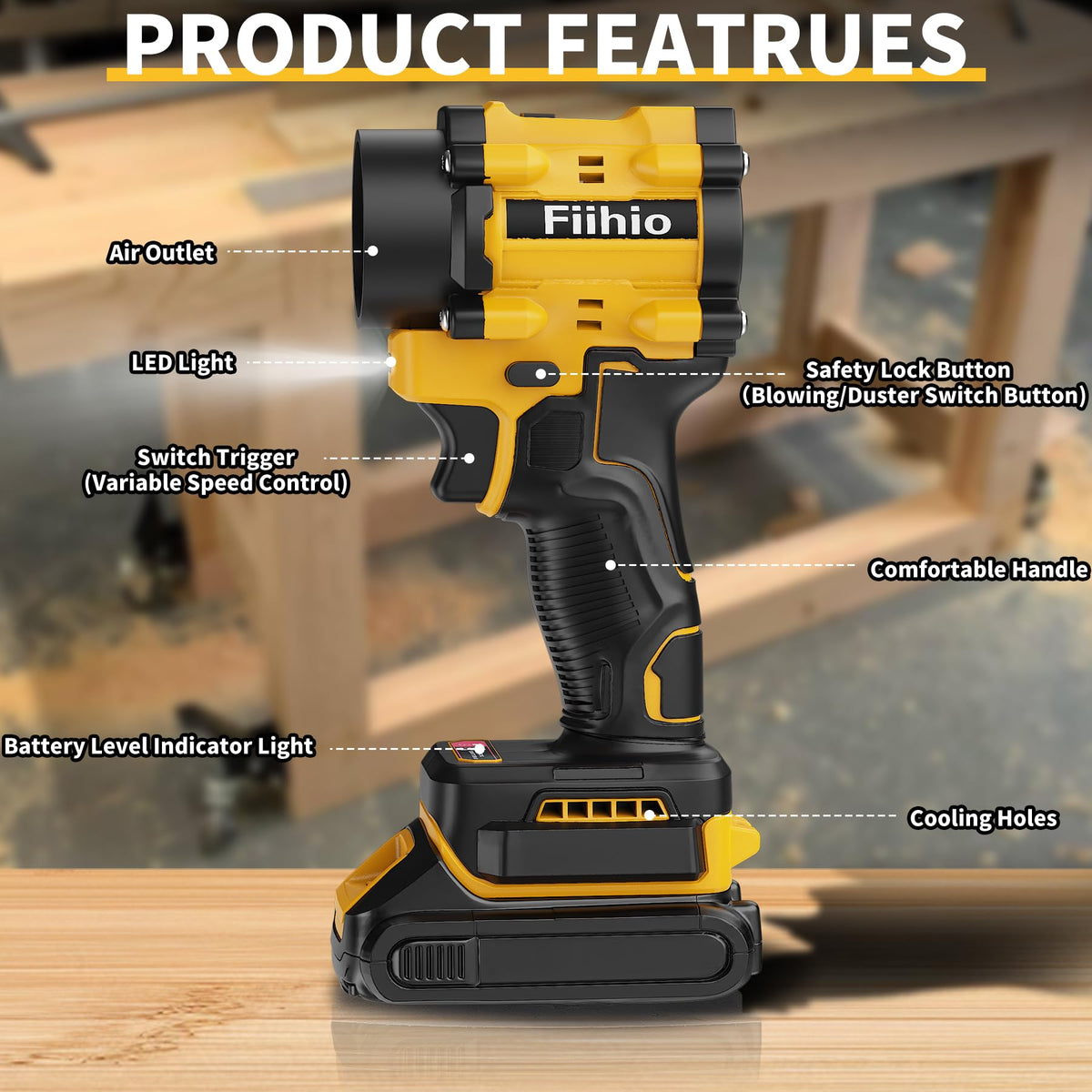 Fiihio 100000rpm brushless motor delivers high-speed airflow for quick debris cleanup.