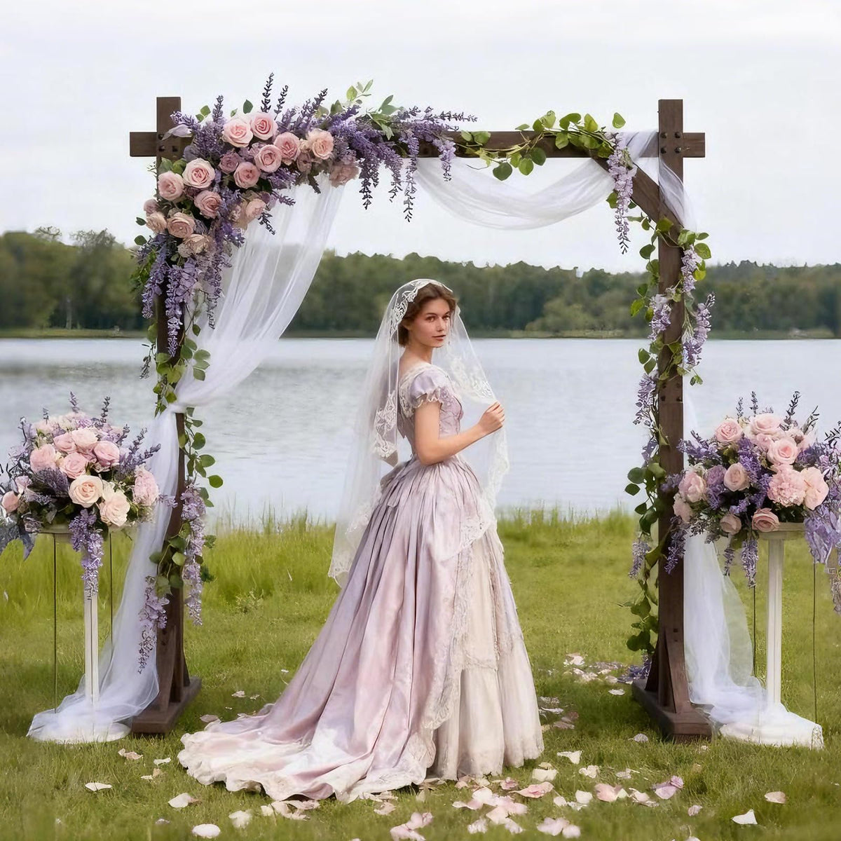 Fikowo wooden arch decorated with flowers creates an elegant wedding backdrop.