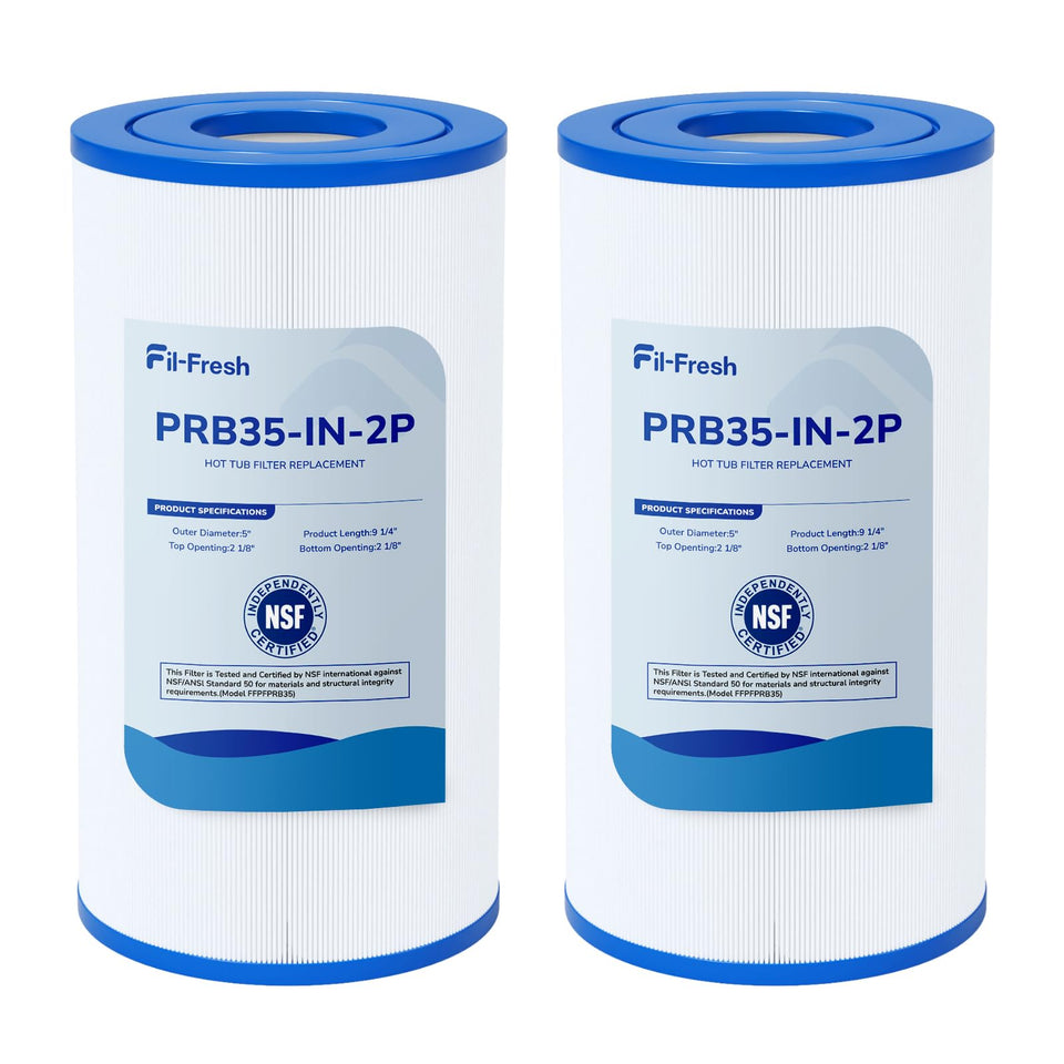 Fil-fresh PRB35-IN filter side view, compact fit for tight spa spaces and debris capture.