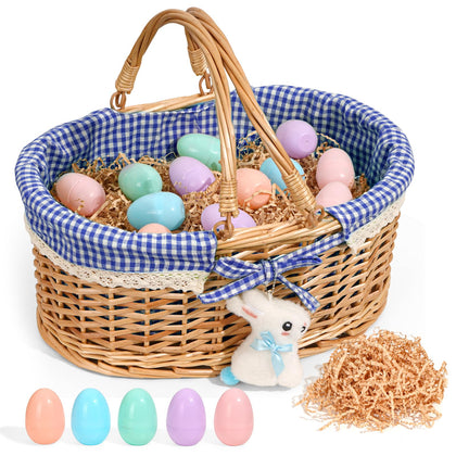 Filano Easter basket with blue gingham, ready for an adorable egg hunt display.