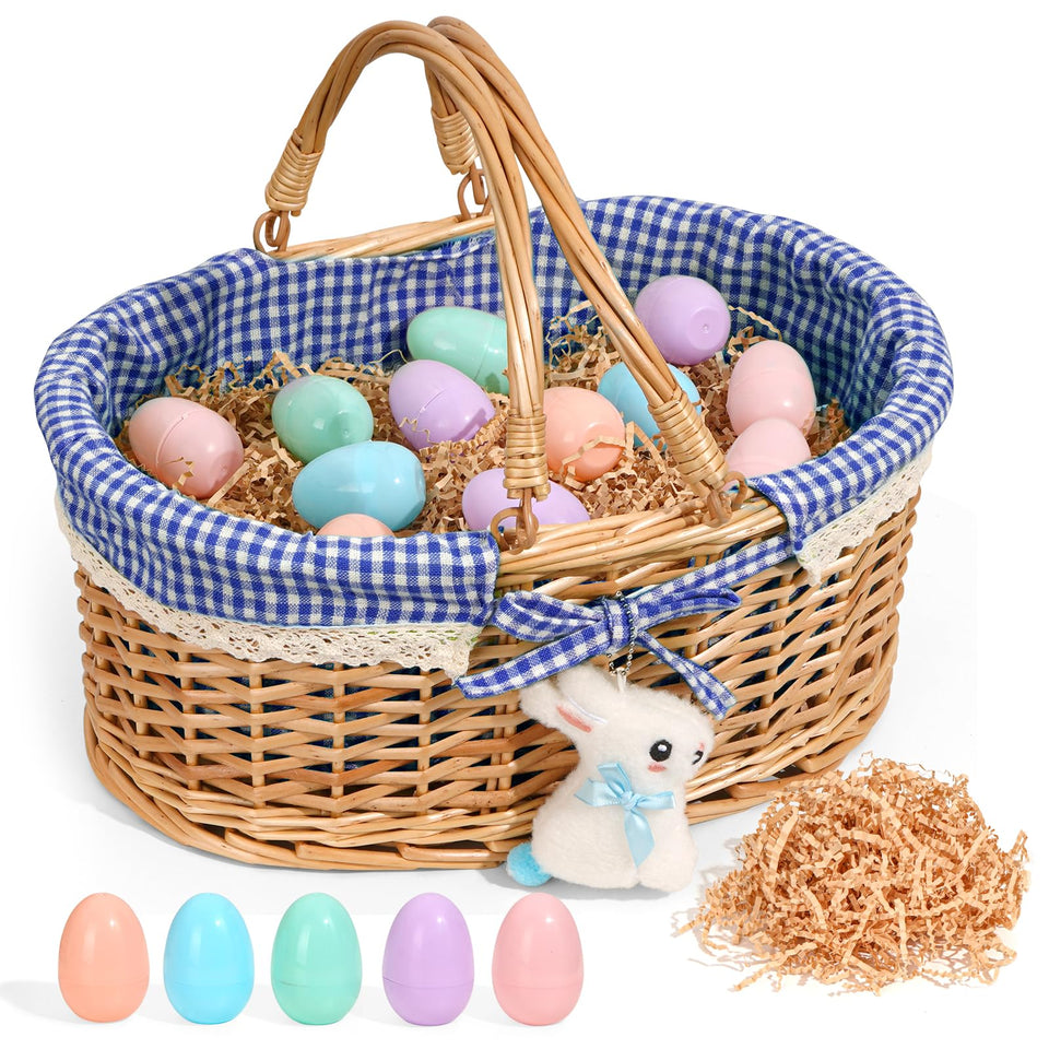 Filano Easter basket with blue gingham, ready for an adorable egg hunt display.