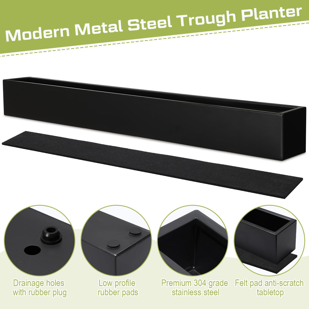 FillTouch planter with included pads, felt pad, and rubber feet to protect surfaces.