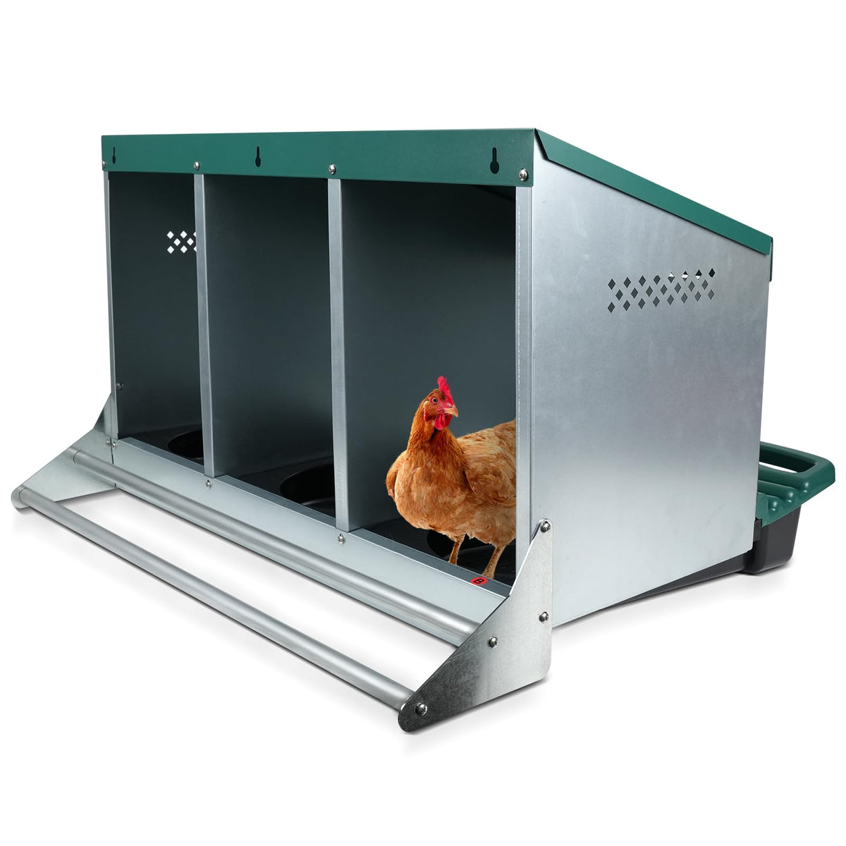 Filterhualv chicken nesting box with 3 holes in green, roll-out design for easy egg collection.