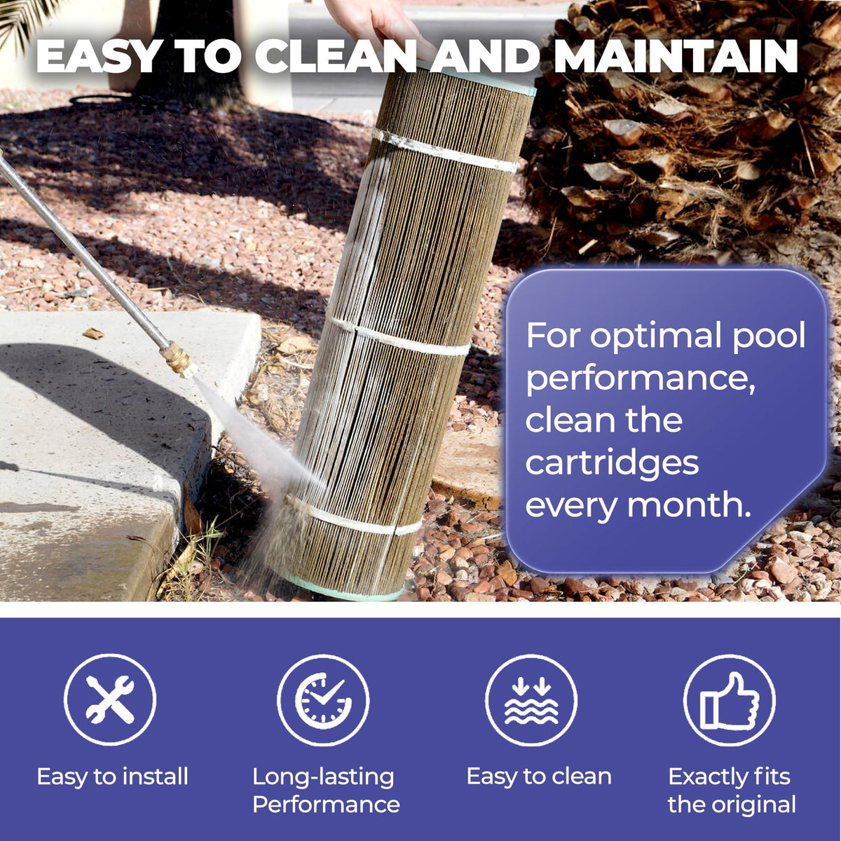 FILTPOOL C2030 fit in SwimClear housing with exact OEM dimensions for a precise replacement.