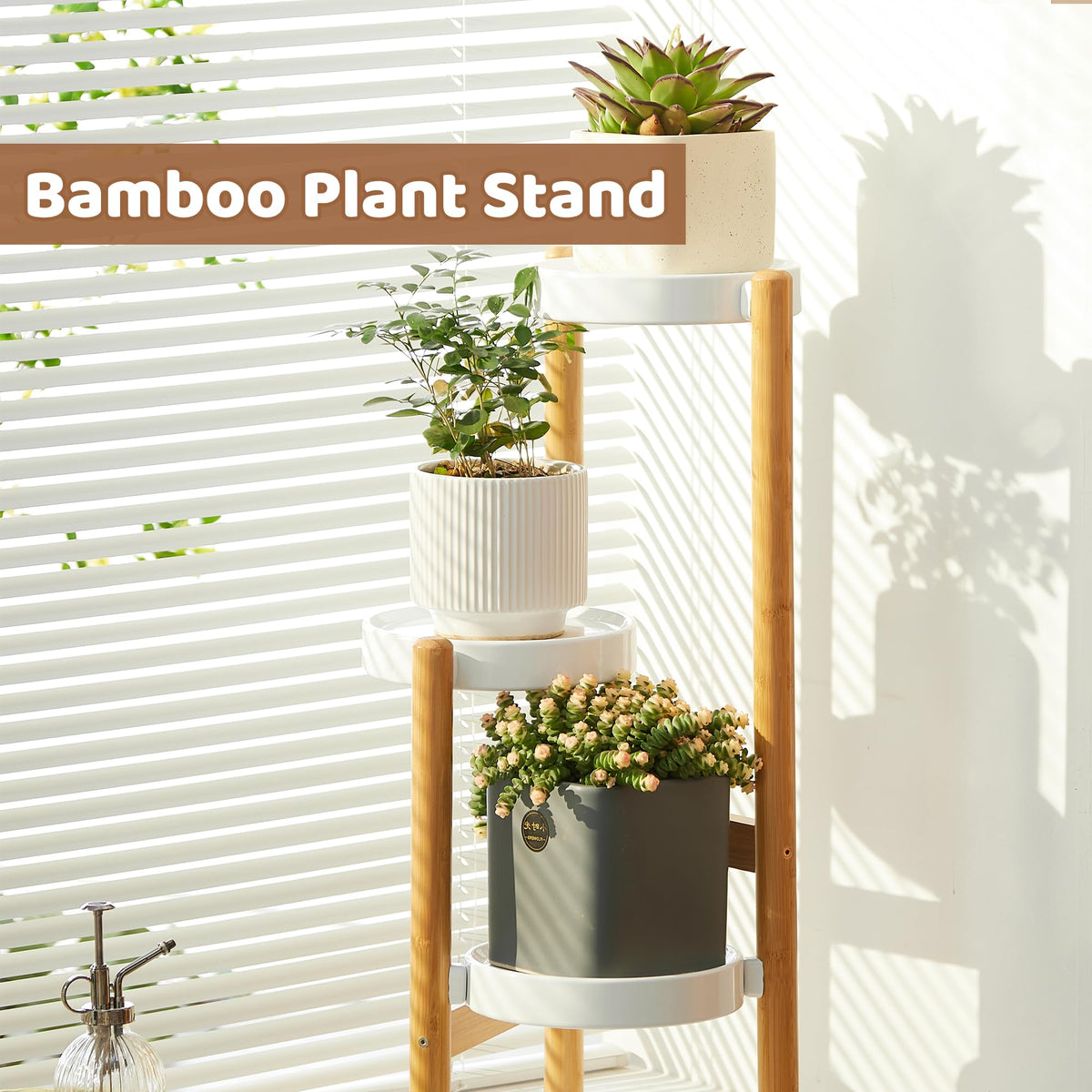 FILWH indoor-outdoor plant rack close-up of iron trays and bamboo frame