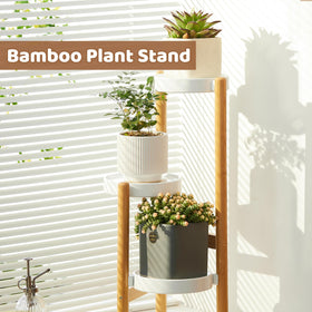 FILWH indoor-outdoor plant rack close-up of iron trays and bamboo frame