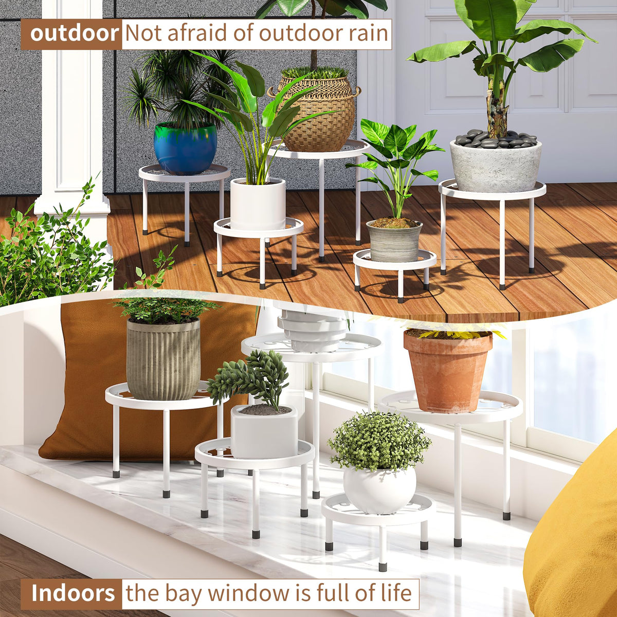 FILWH plant stand in living room and garden settings