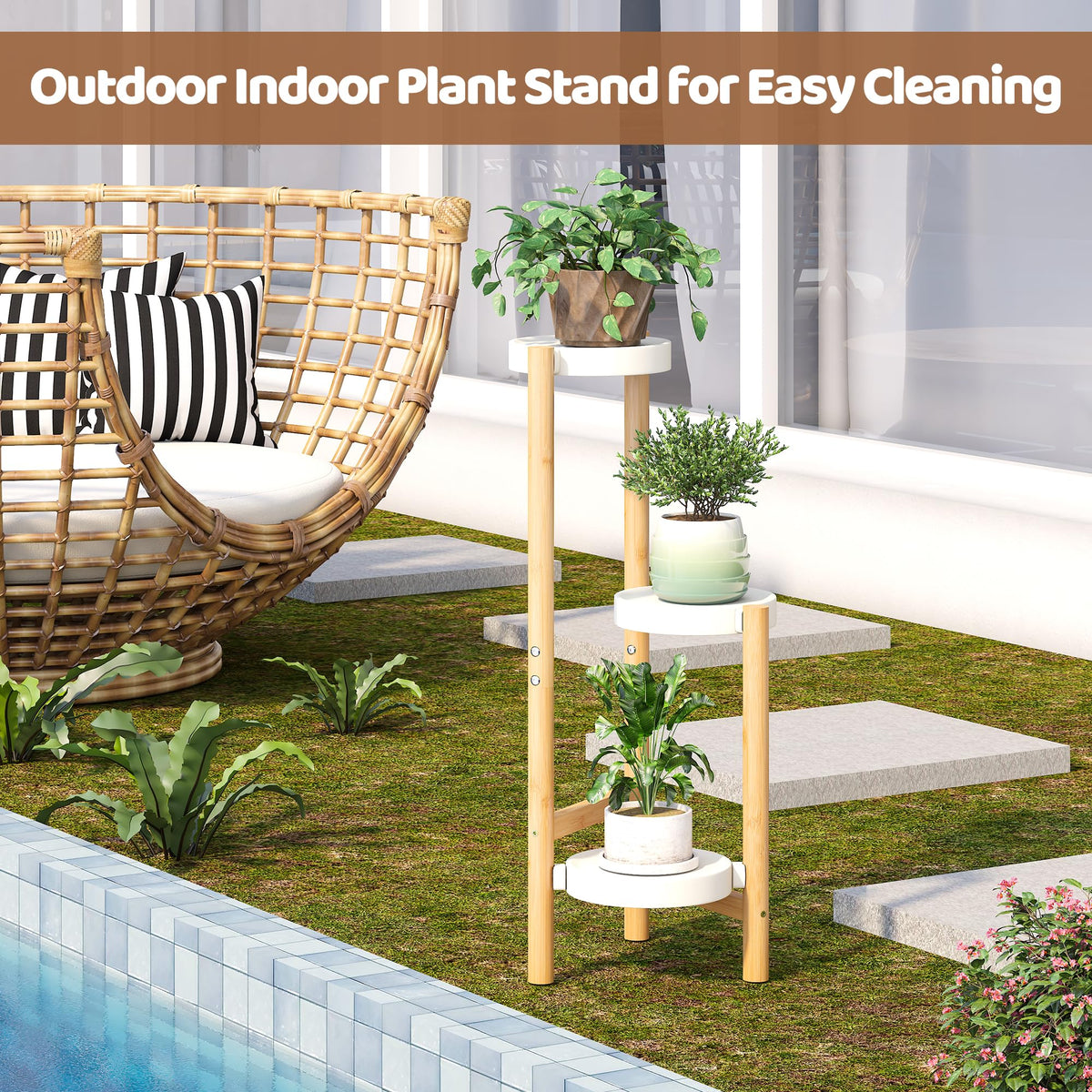 FILWH white plant stand in living room displaying layered pots