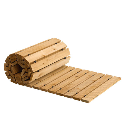 FILWH wooden pathway rollout in a garden setting, showcasing portable outdoor walkway.