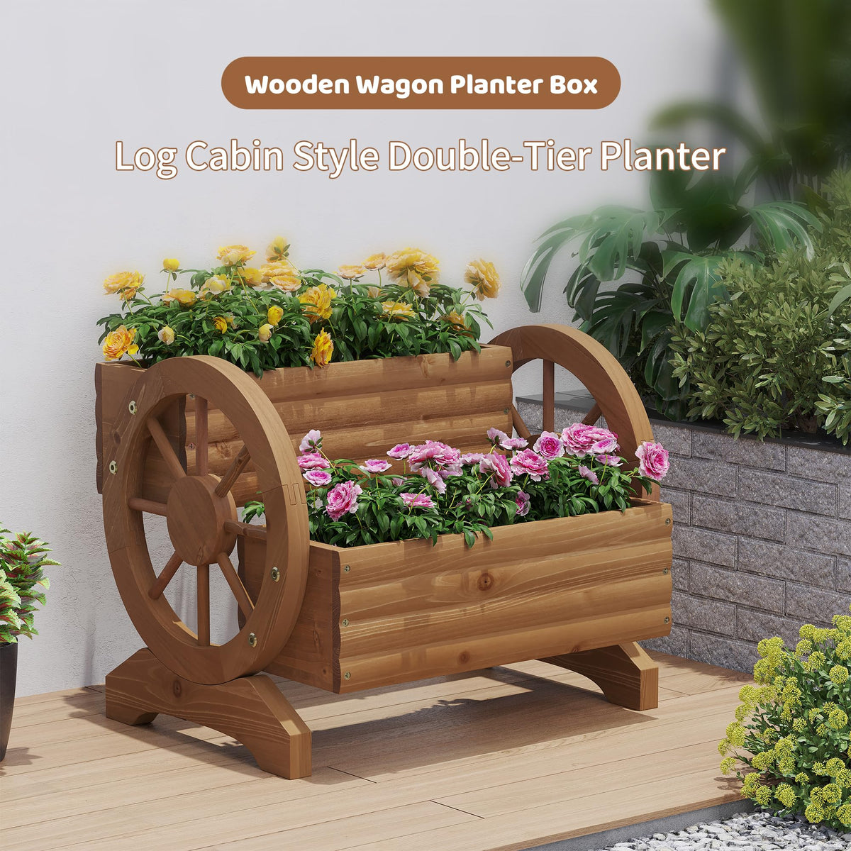 FILWH wooden wagon planter brown finish adds timeless warmth to outdoor spaces