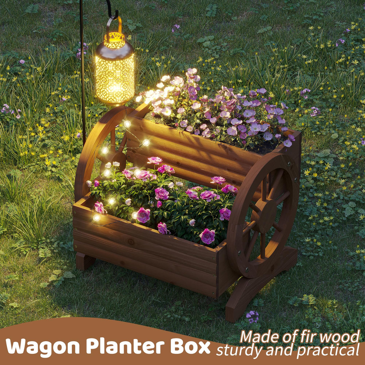 FILWH wooden wagon planter side profile highlights rustic charm that complements patios and balconies