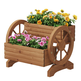 FILWH wooden wagon planter wheels showcases mobile design for easy outdoor rearrangement of blooms