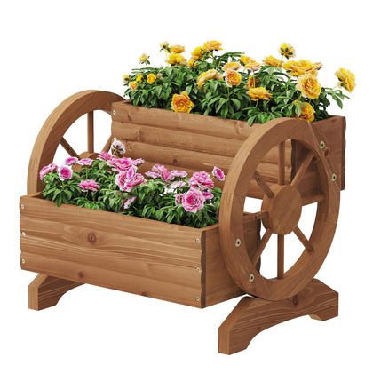 FILWH wooden wagon planter wheels showcases mobile design for easy outdoor rearrangement of blooms