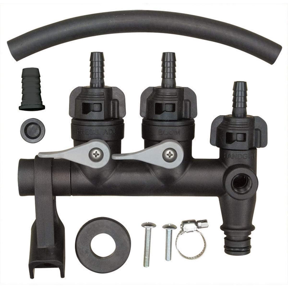 Fimco sprayer manifold kit front view with integrated shut-off valves for quick, reliable connections.