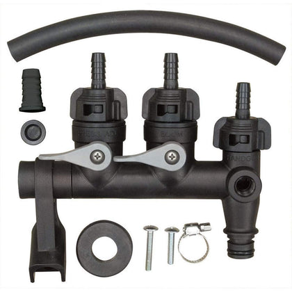 Fimco sprayer manifold kit front view with integrated shut-off valves for quick, reliable connections.