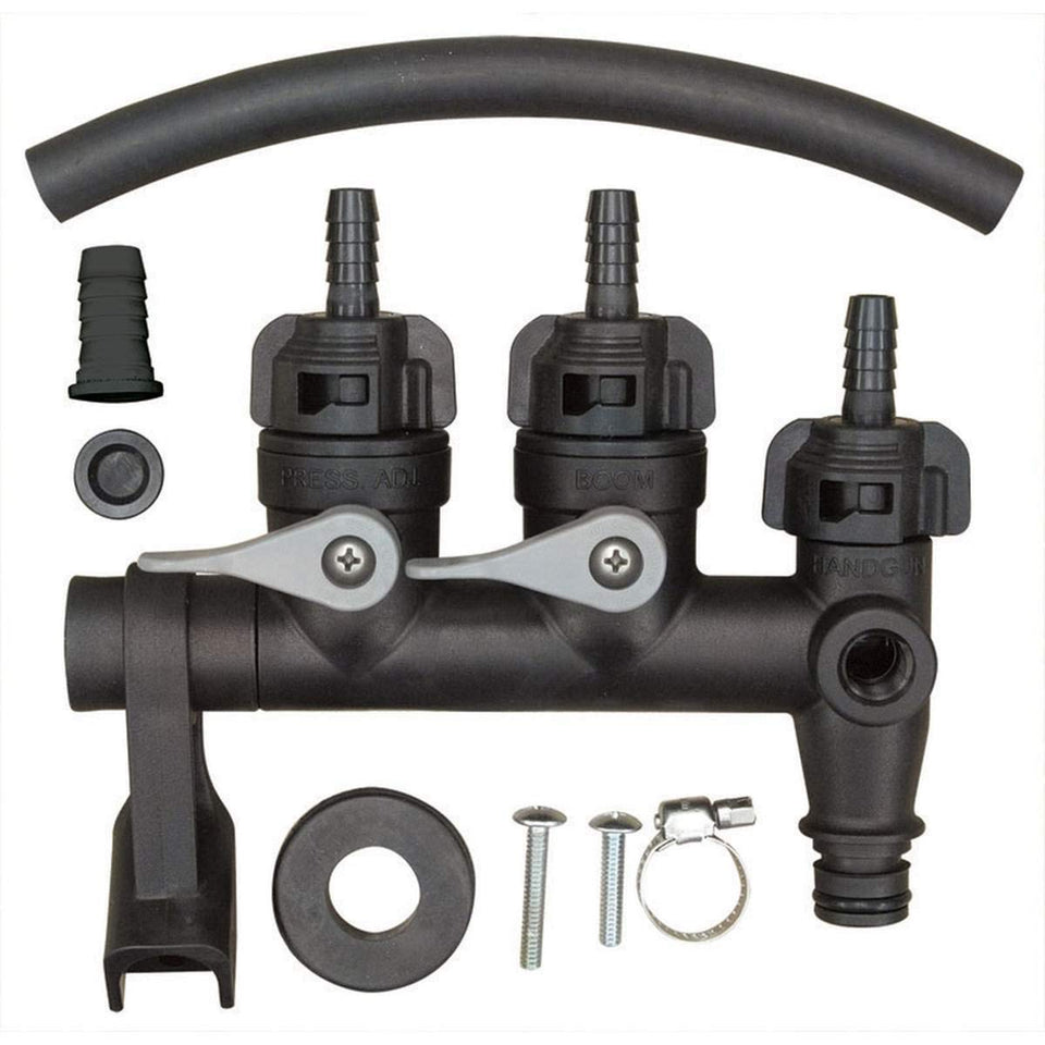 Fimco sprayer manifold kit front view with integrated shut-off valves for quick, reliable connections.