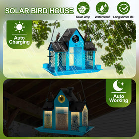 FIMOFIDRE Solar Bird Feeder in blue lights the garden at night while feeding birds.