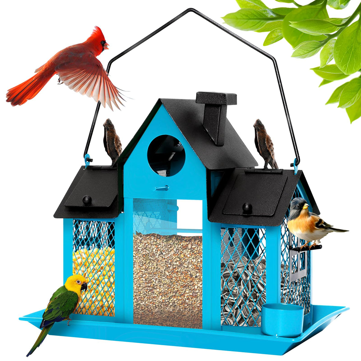 FIMOFIDRE Solar Bird Feeder in blue attracts cardinals and finches while enduring outdoors.