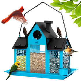 FIMOFIDRE Solar Bird Feeder in blue attracts cardinals and finches while enduring outdoors.