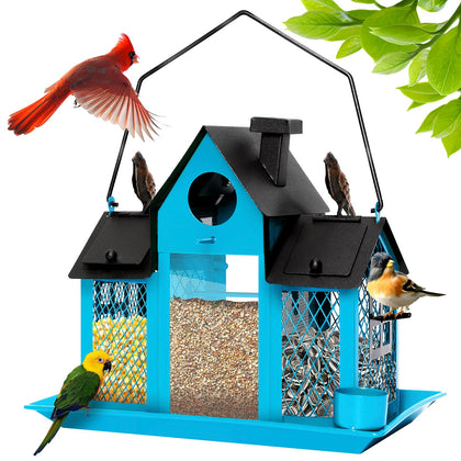 FIMOFIDRE Solar Bird Feeder in blue attracts cardinals and finches while enduring outdoors.