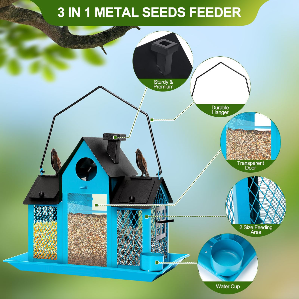 FIMOFIDRE Solar Bird Feeder with water cup offers hydration for visiting birds during sunny days.