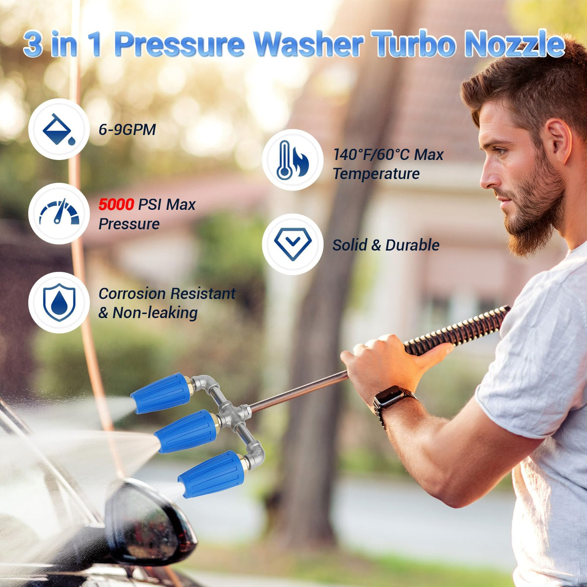 Shows 4000-5000 PSI turbine performance for tough outdoor cleaning tasks