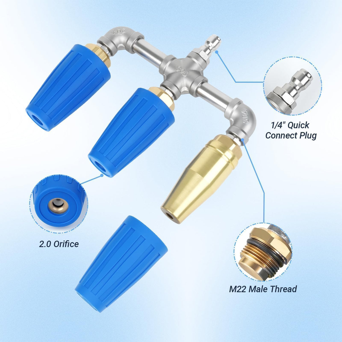 1/4-inch quick-connect fitting enabling tool-free setup with most pressure washers
