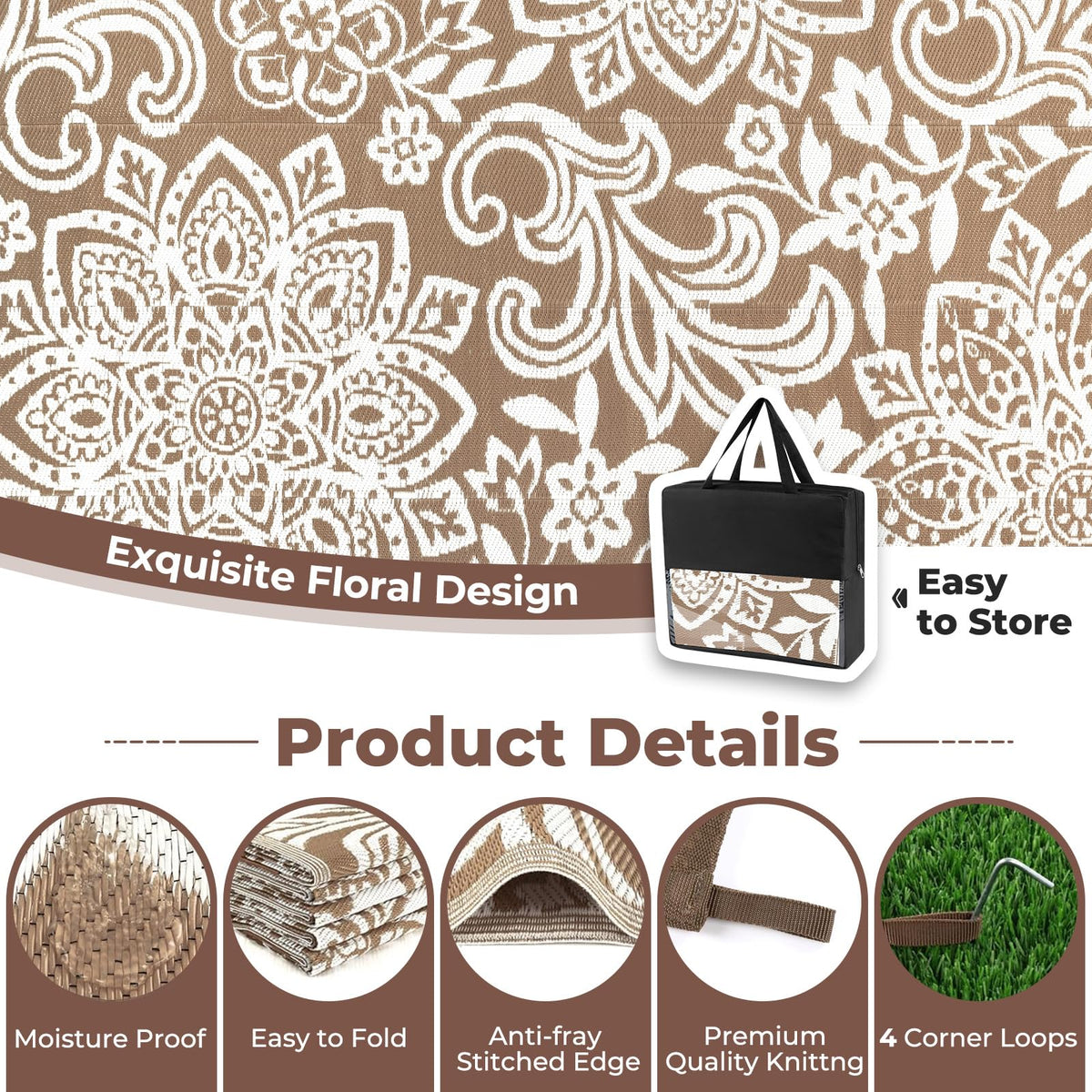 Findosom mandala rug with corner loops and stakes for windy days