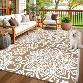 Findosom waterproof outdoor rug in blue mandala, durable for patios and decks.