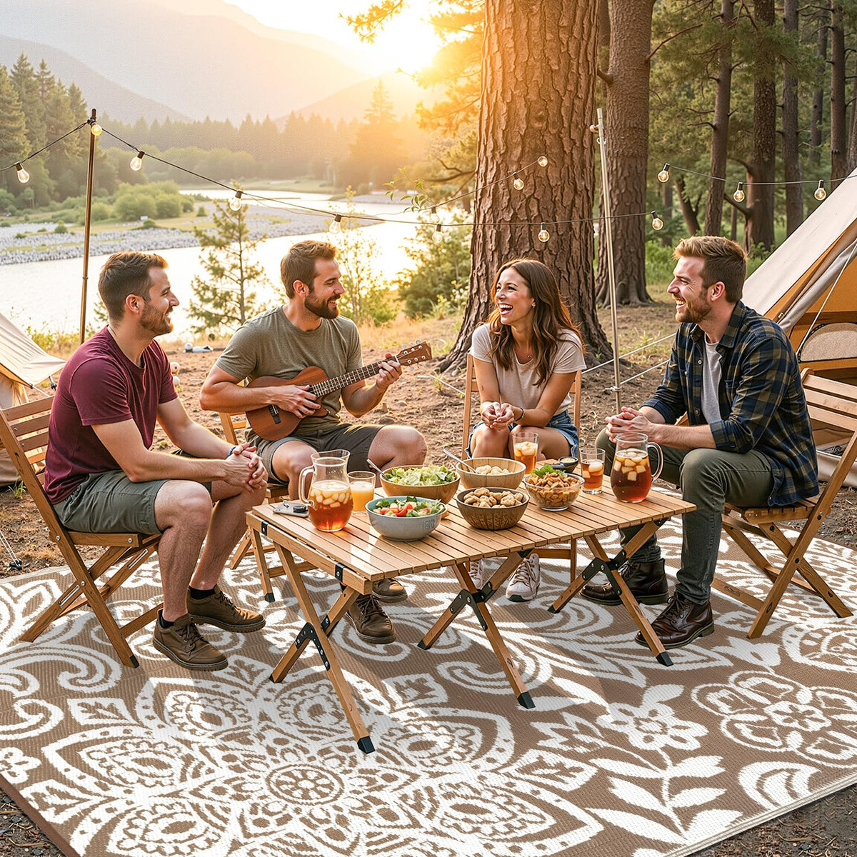 Findosom brown mandala rug adds warm ambiance for outdoor spaces with easy cleaning.