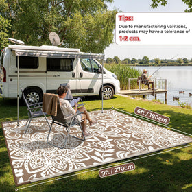 Findosom grey mandala rug offers UV resistance for balconies and campsites.